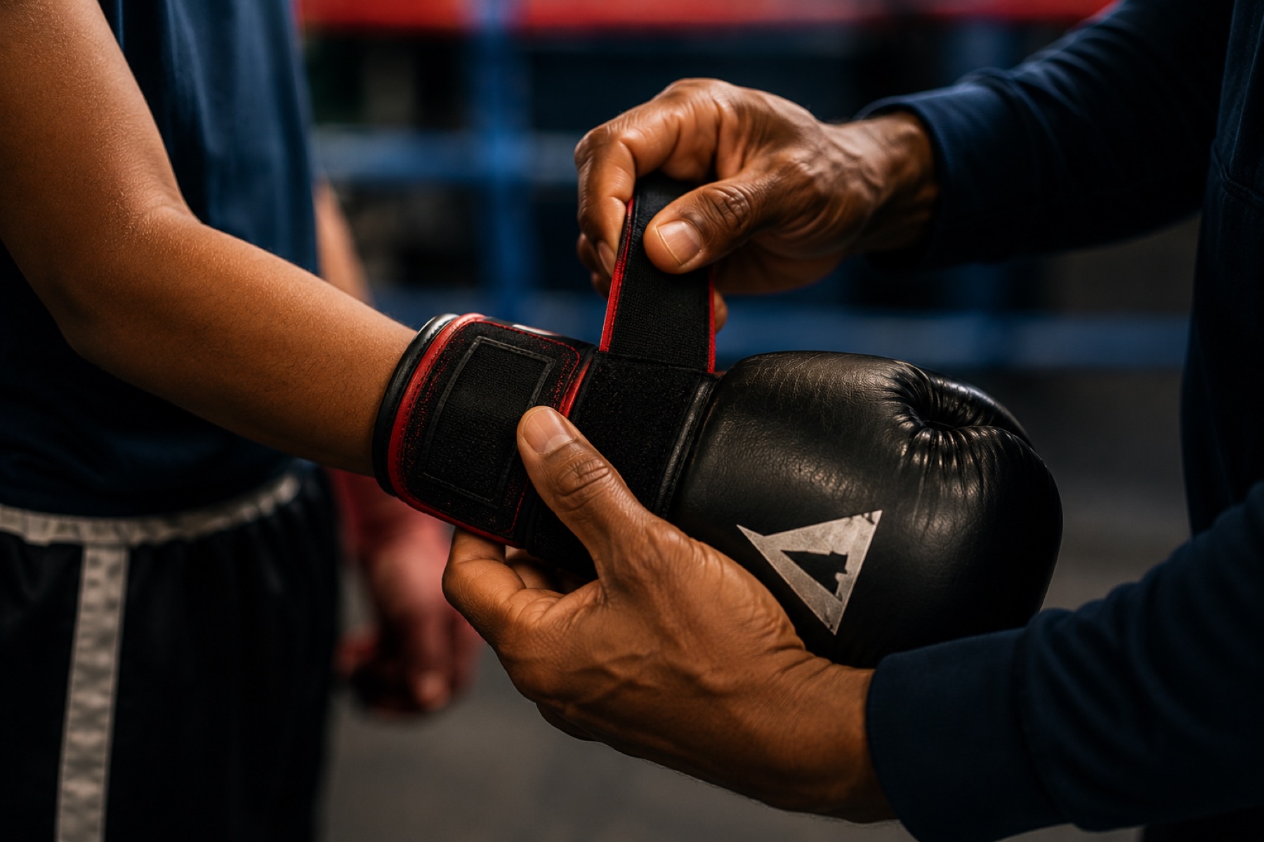 A coach helping a young athlete put on boxing gloves
