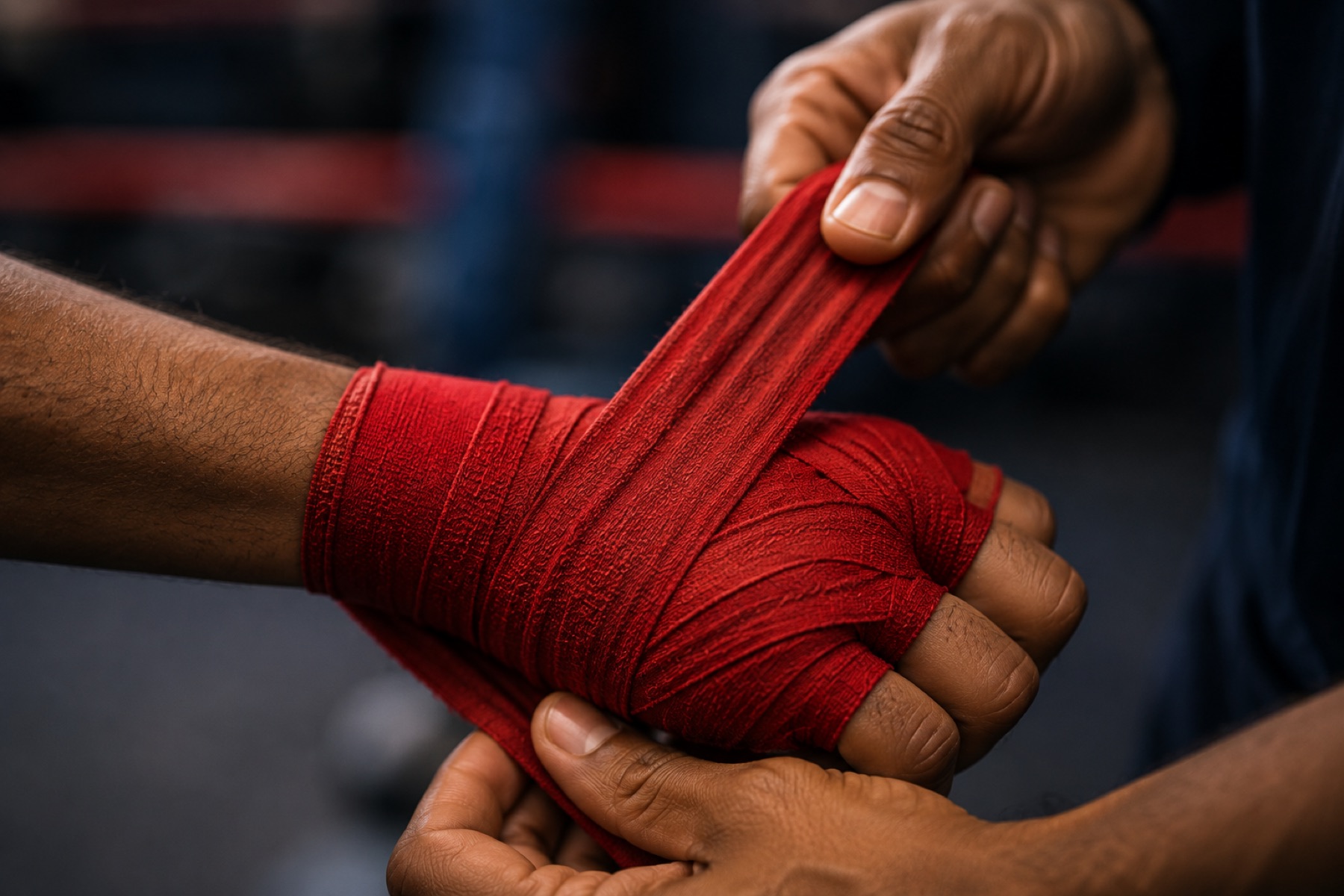 Close up of red hand wraps being tied before a training session