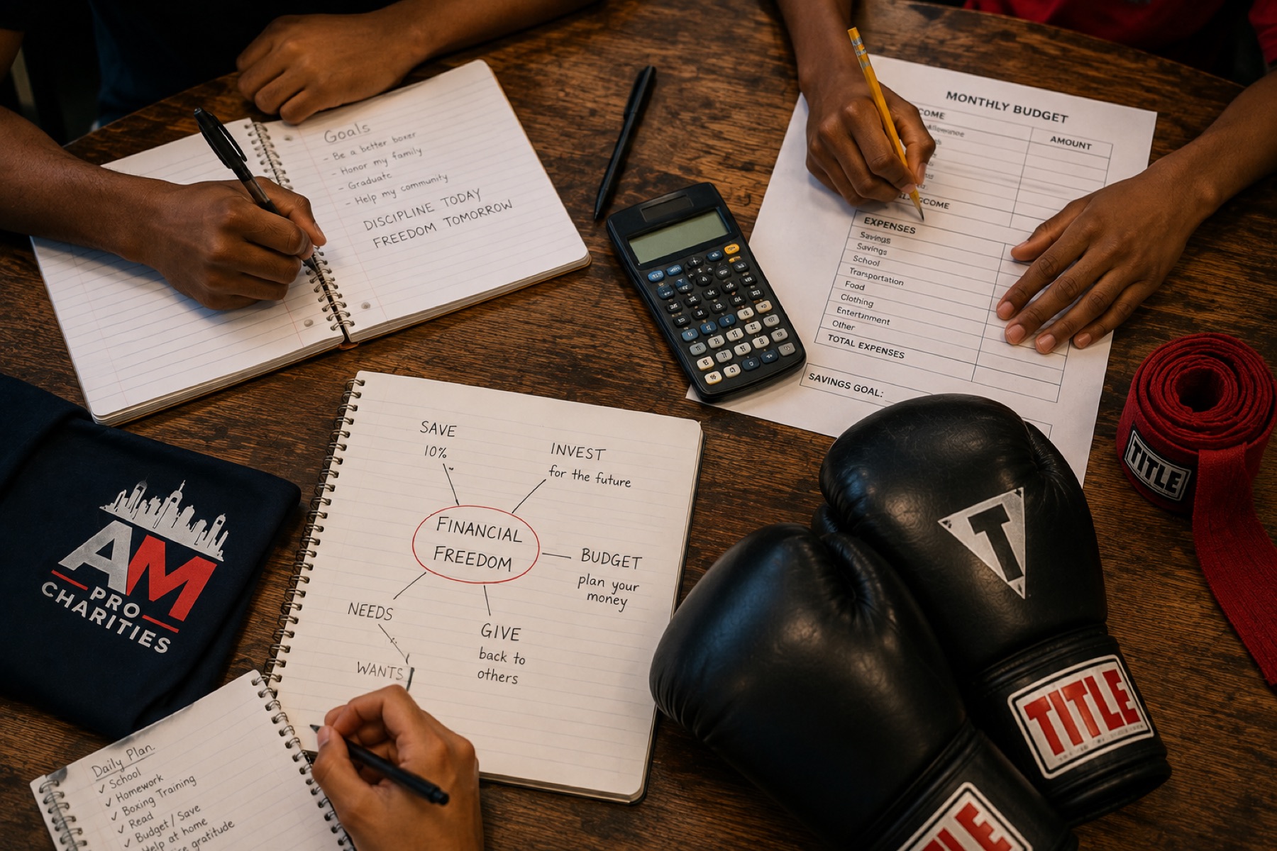 A young participant's notebook with financial literacy notes next to boxing gloves