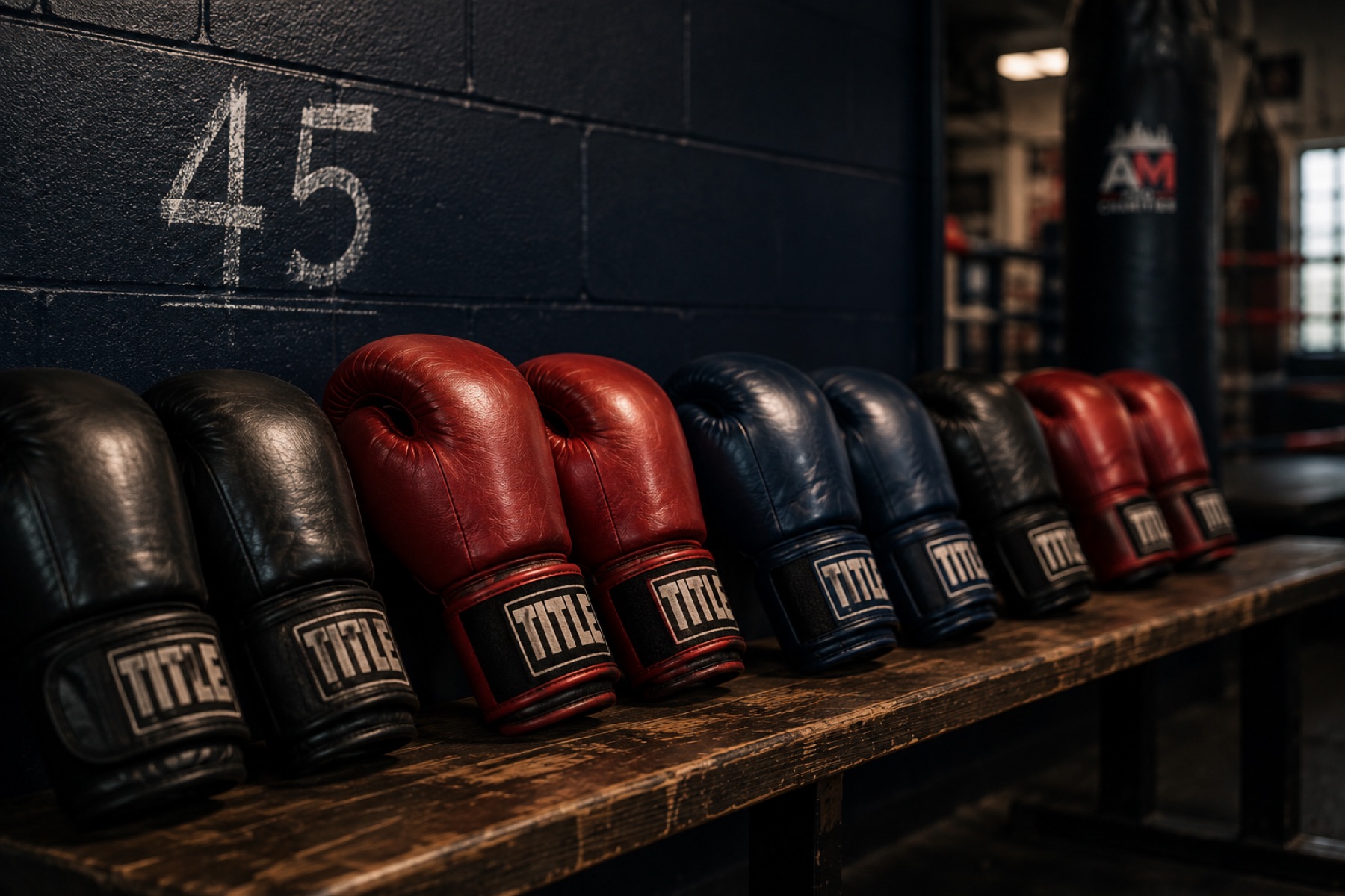 Boxing gloves lined up on a bench beneath the number 45 painted on the gym wall