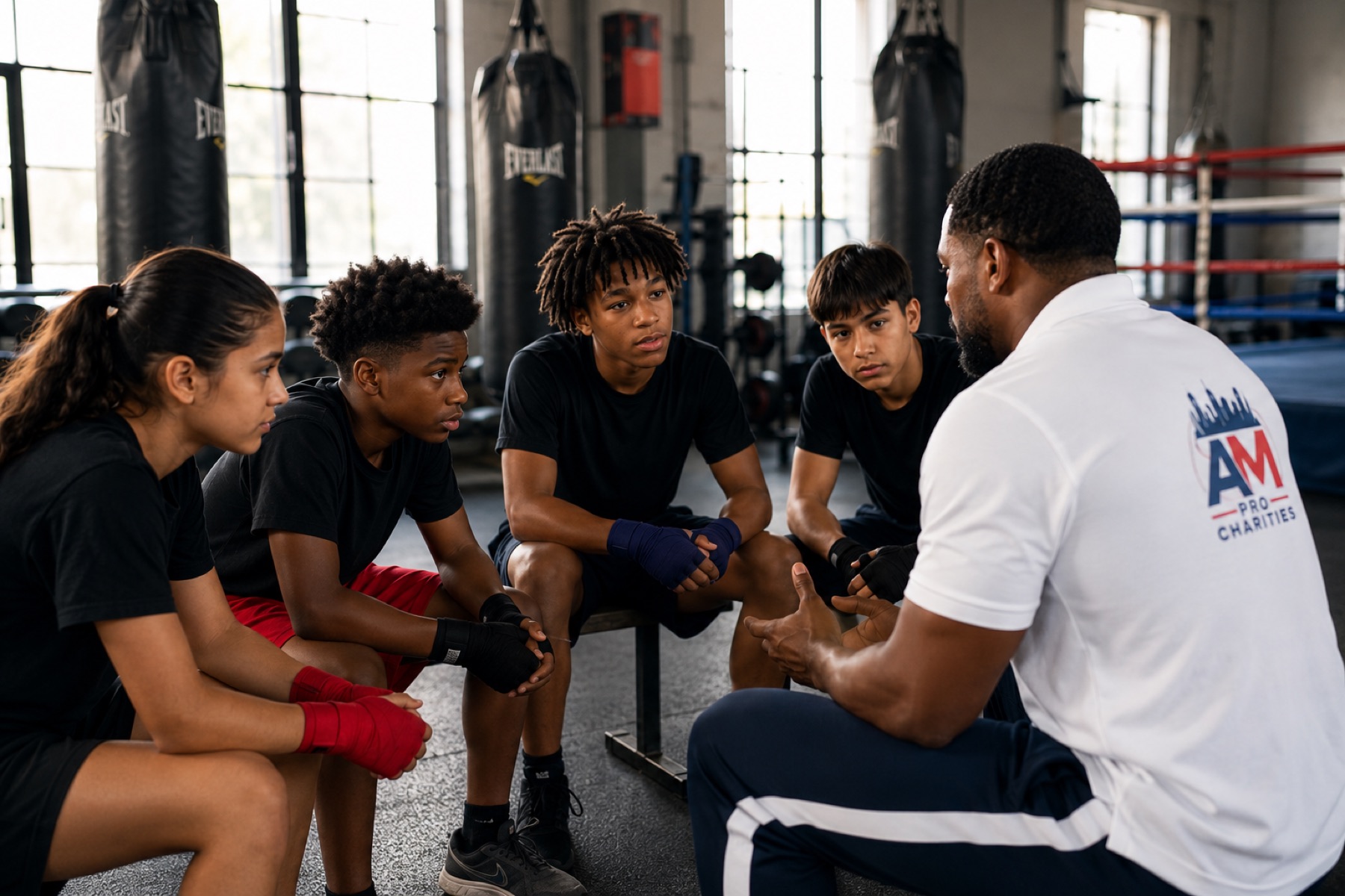 AM Pro Charities coach speaking with a group of young athletes gathered in a huddle