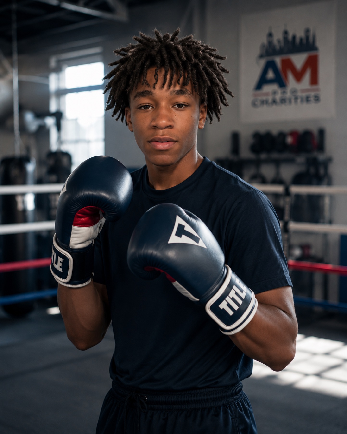 Portrait of a young AM Pro Charities athlete in boxing gloves