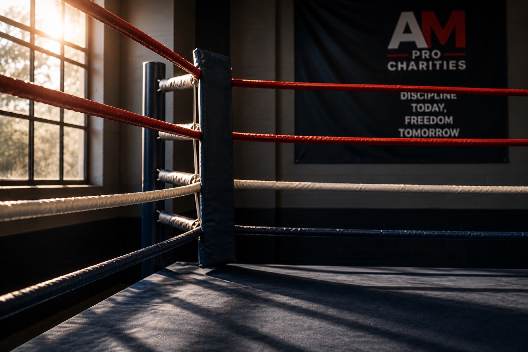 Empty ring corner at the AM Pro Charities gym, with a banner reading Discipline Today, Freedom Tomorrow